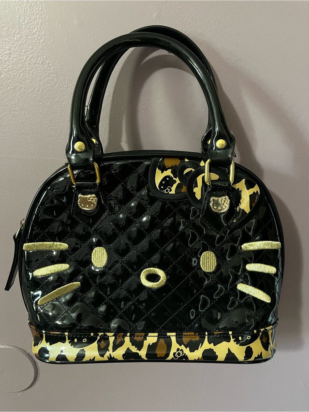 Hello Kitty Black Patent Satchel with Gold Leopard Accents